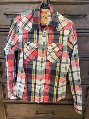 Hollister Surfer Cut Pearl Snap Shirt Women's Medium Plaid Long Sleeve - M